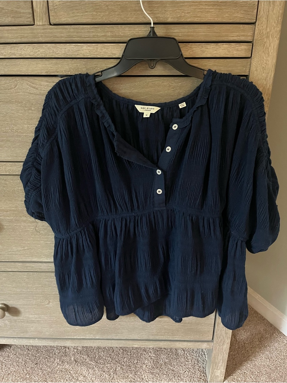 Max Studio Navy Crinkle Button-Front Peasant Blouse